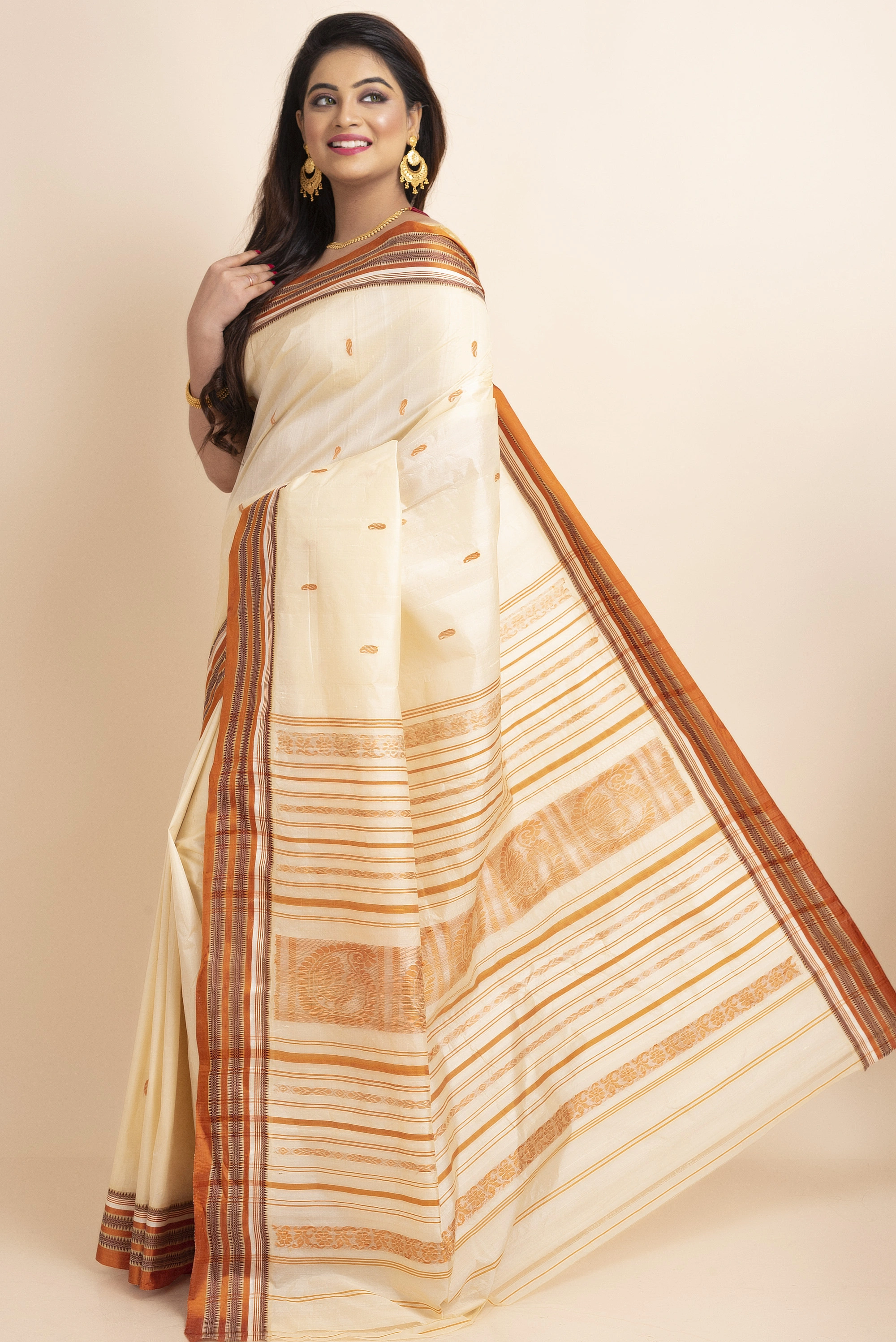 Cream Orange Handwoven Garad Pure Silk Saree with Blouse Piece-Cream-Pure Silk-Free-Female-Adult-2