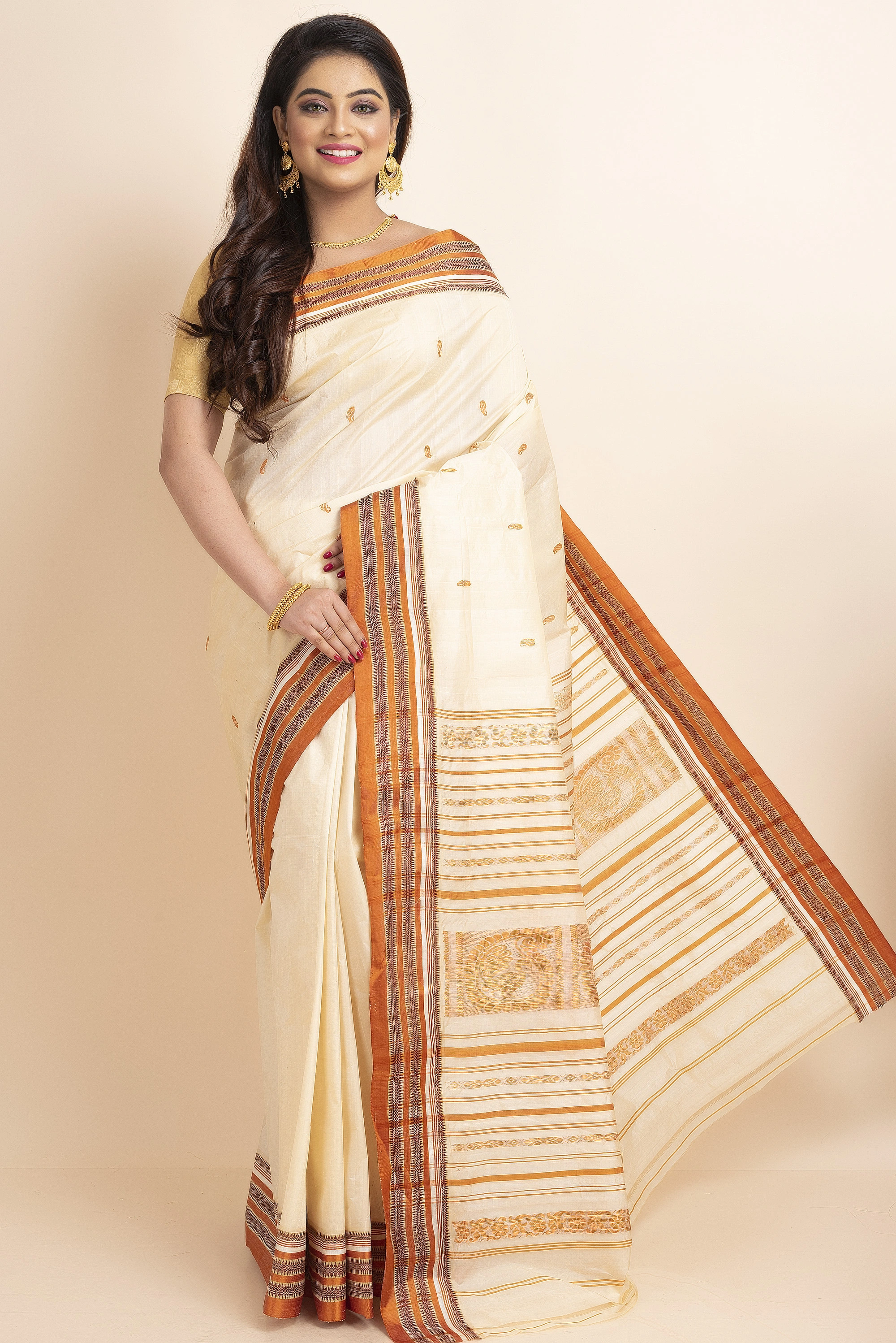 Cream Orange Handwoven Garad Pure Silk Saree with Blouse Piece-Cream-Pure Silk-Free-Female-Adult-3