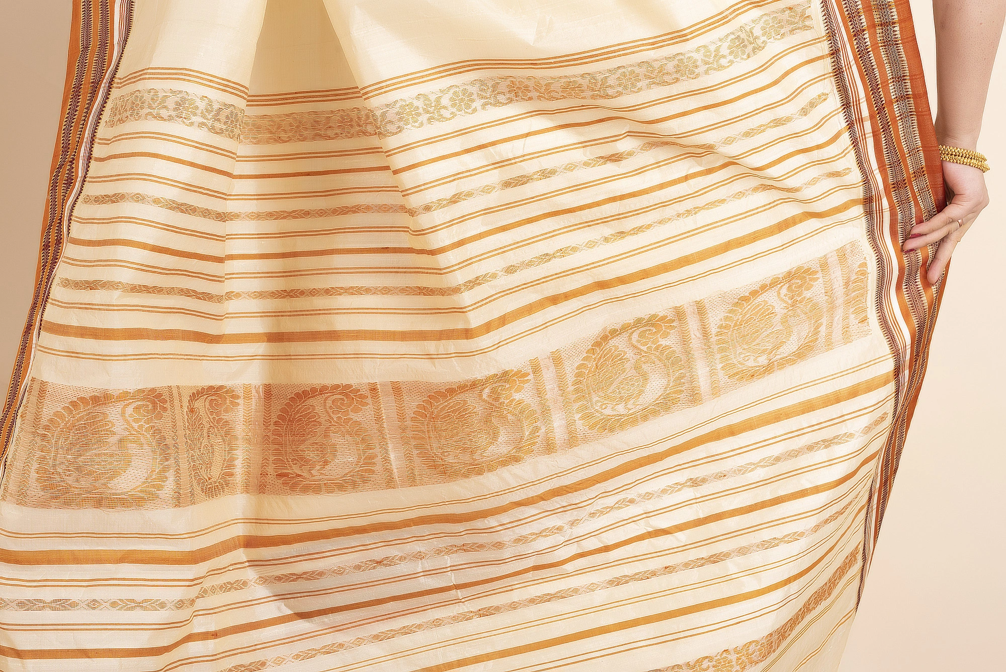 Cream Orange Handwoven Garad Pure Silk Saree with Blouse Piece-Cream-Pure Silk-Free-Female-Adult-4