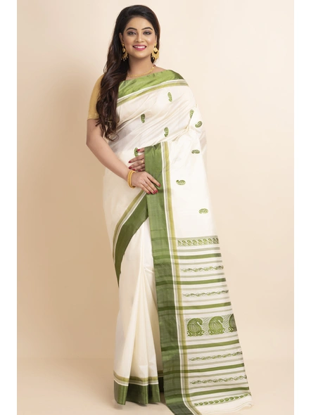 White Green Handwoven Garad Pure Silk Saree with Blouse Piece-BHAAT-GPS-003