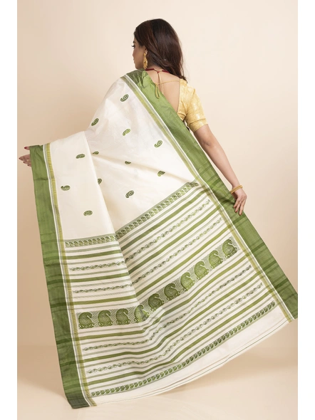 White Green Handwoven Garad Pure Silk Saree with Blouse Piece-White-Pure Silk-Free-Female-Adult-1