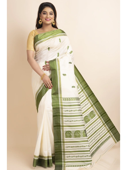 White Green Handwoven Garad Pure Silk Saree with Blouse Piece-White-Pure Silk-Free-Female-Adult-2