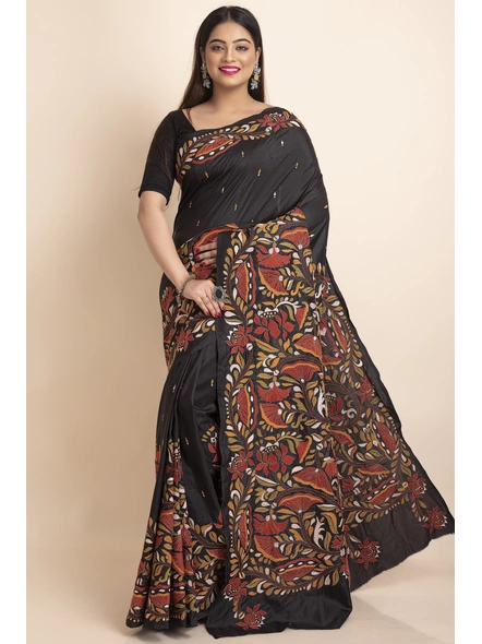Black Floral Design Kantha Stitch Work Pure Silk Saree with Blouse Piece-BHAAT-KSS-006
