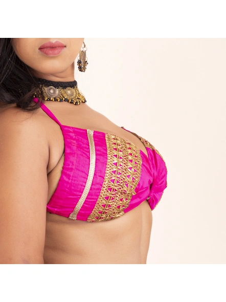 Pink Halter Backless Blouse with Golden Patti-Pink-32-Cotton-Silk-Adult-Female-2