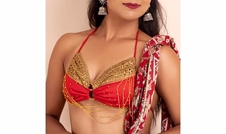 Designer Red Blouse with Golden Lace