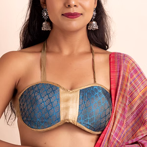 Brocade Blue Backless Halter Blouse