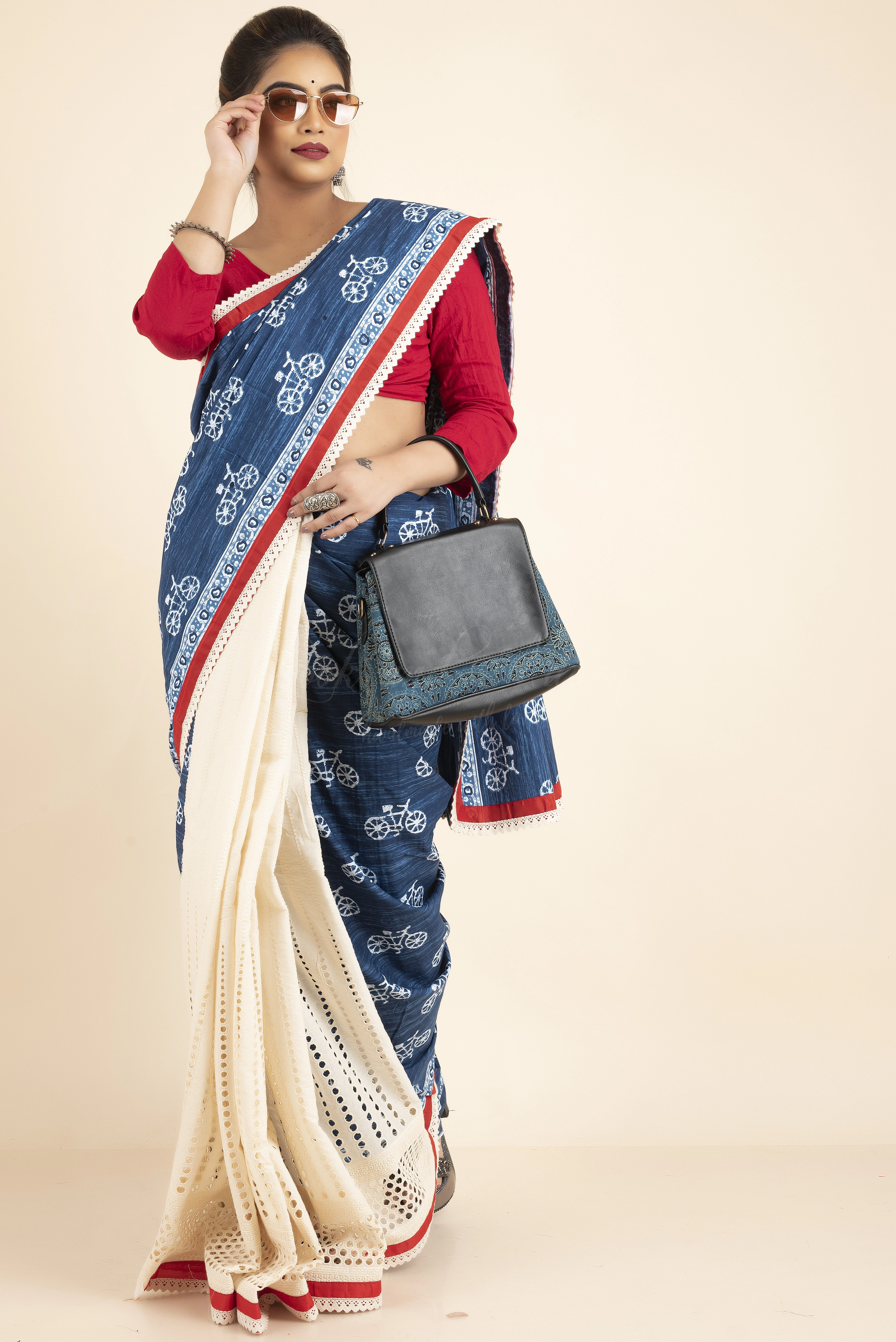 Blue Beige Floral Handbock Cotton Hakoba Red Border Saree with Blue Blouse Piece-LAACAHWBP001