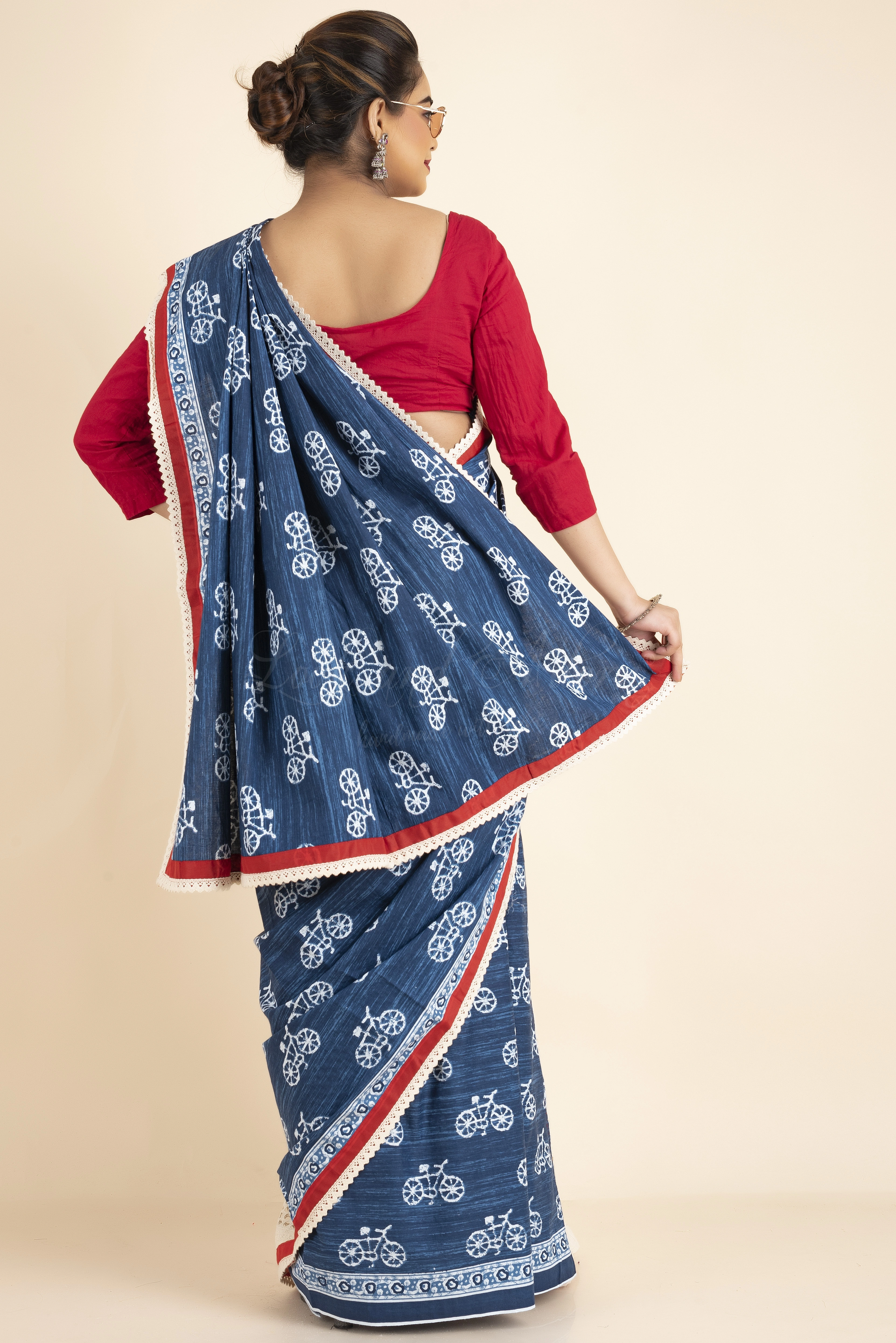 Blue Beige Floral Handbock Cotton Hakoba Red Border Saree with Blue Blouse Piece-Blue-Cotton-Free-Female-Adult-1