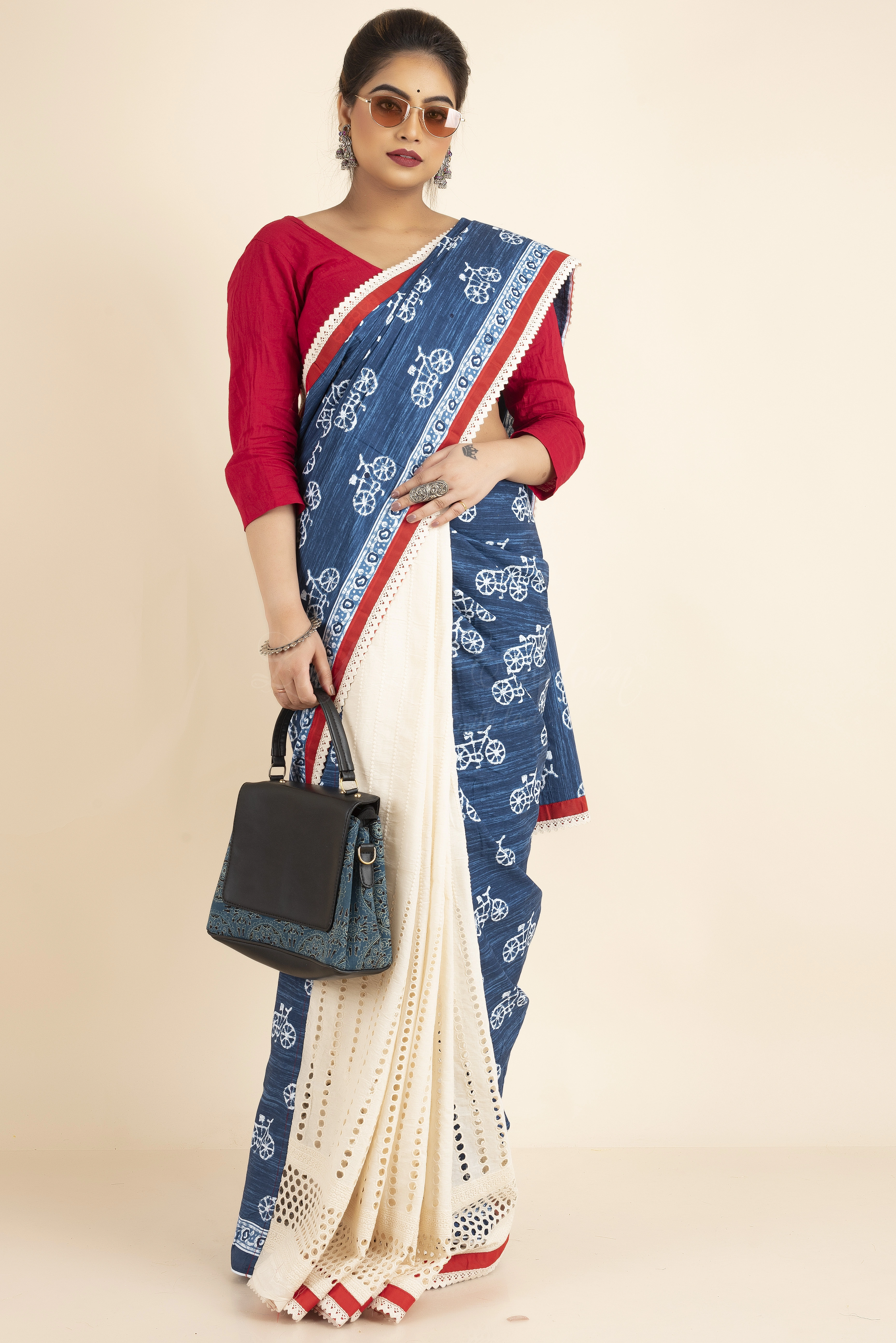 Blue Beige Floral Handbock Cotton Hakoba Red Border Saree with Blue Blouse Piece-Blue-Cotton-Free-Female-Adult-2