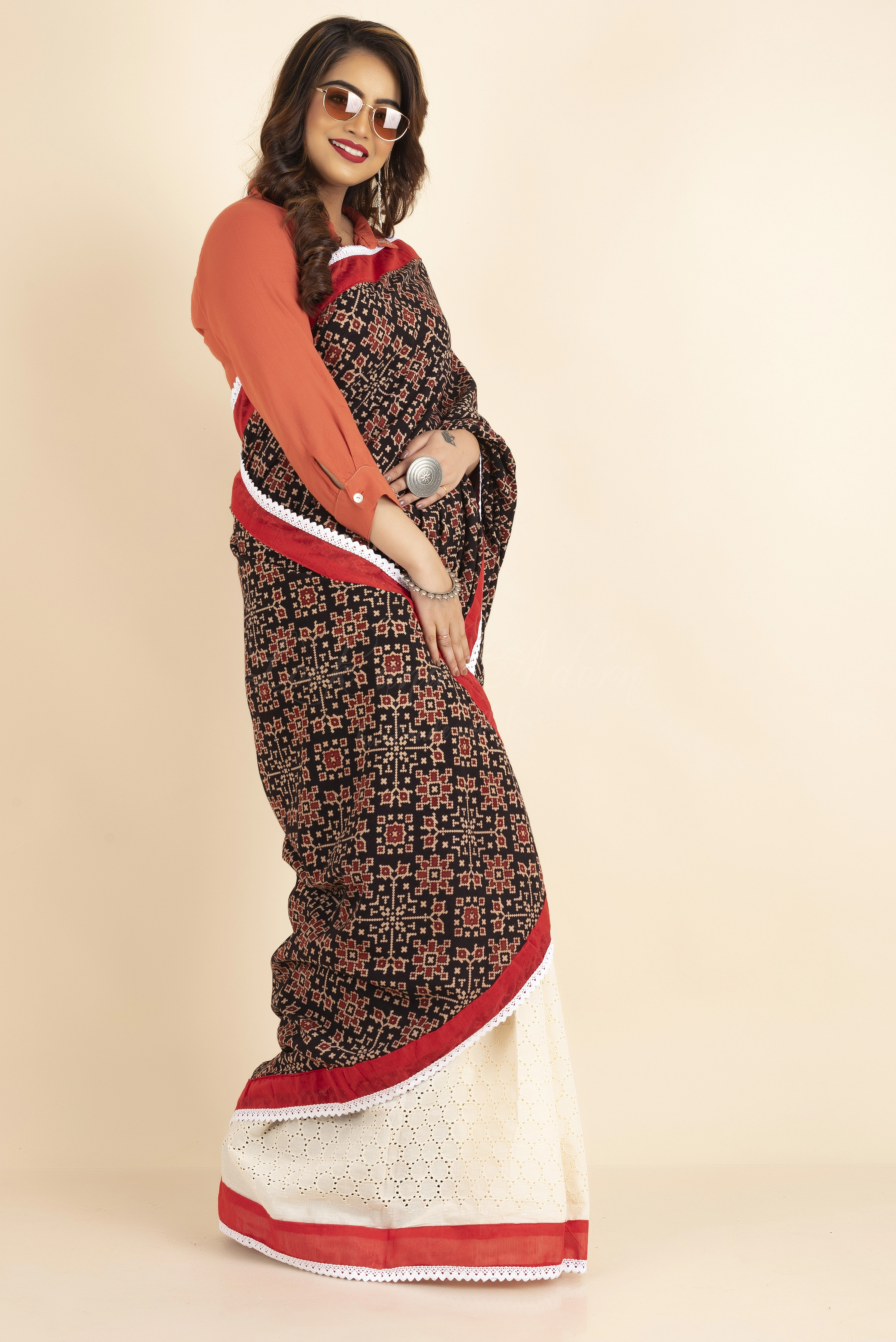Ajrakh Cotton Handblock Red Black Beige Hakoba Saree with Ajrakh Blouse Piece-Red-Cotton-Free-Female-Adult-5
