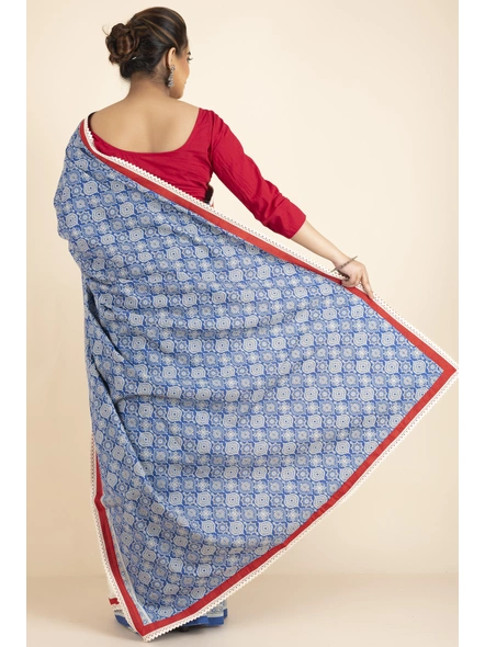 Blue Beige Floral Handbock Cotton Hakoba Red Border Saree with Blue Blouse Piece-Blue-Cotton-Free-Female-Adult-1
