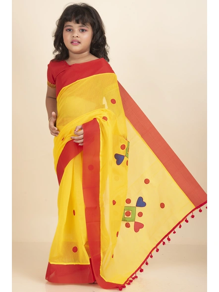 Yellow Handloom Kids Cotton Saree with Stitched Blouse and Peticoat-KIDSSAREE01
