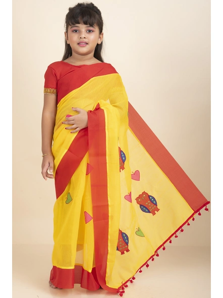Yellow Handloom Kids Cotton Saree with Stitched Blouse and Peticoat-KIDSSAREE02