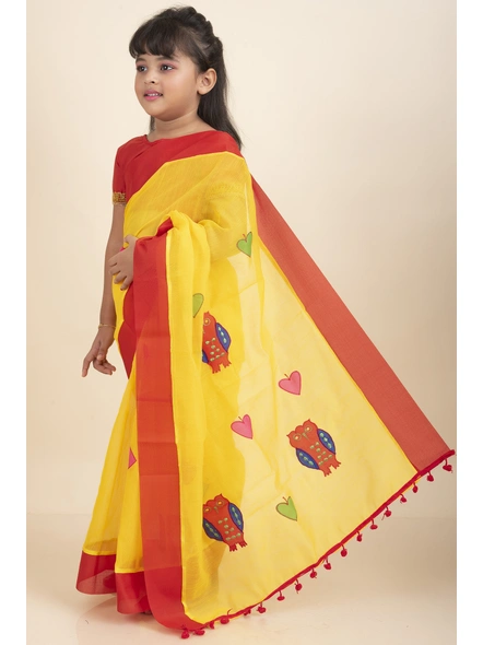 Yellow Handloom Kids Cotton Saree with Stitched Blouse and Peticoat-Yellow-Kids-Female-Cotton-2-3 Years-1