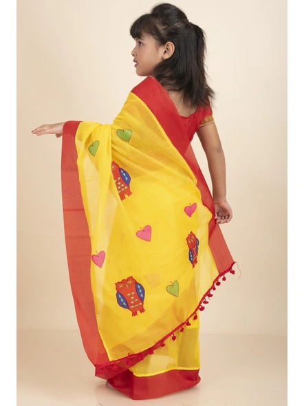 Yellow Handloom Kids Cotton Saree with Stitched Blouse and Peticoat-Yellow-Kids-Female-Cotton-2-3 Years-3