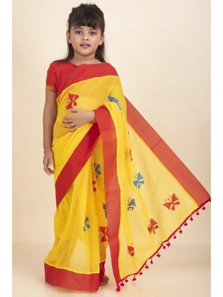 Yellow Handloom Kids Cotton Saree with Stitched Blouse and Peticoat-KIDSSAREE03