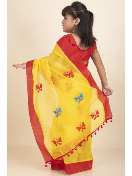Yellow Handloom Kids Cotton Saree with Stitched Blouse and Peticoat-Yellow-Kids-Female-Cotton-2-3 Years-2