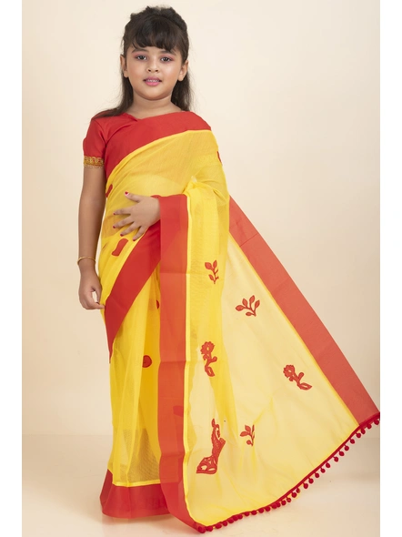 Yellow Handloom Kids Cotton Saree with Stitched Blouse and Peticoat-KIDSSAREE04
