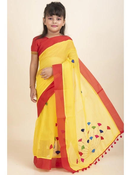 Yellow Handloom Kids Cotton Saree with Stitched Blouse and Peticoat-KIDSSAREE05