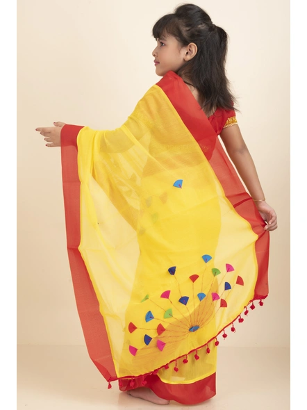 Yellow Handloom Kids Cotton Saree with Stitched Blouse and Peticoat-Yellow-Kids-Female-Cotton-2-3 Years-3