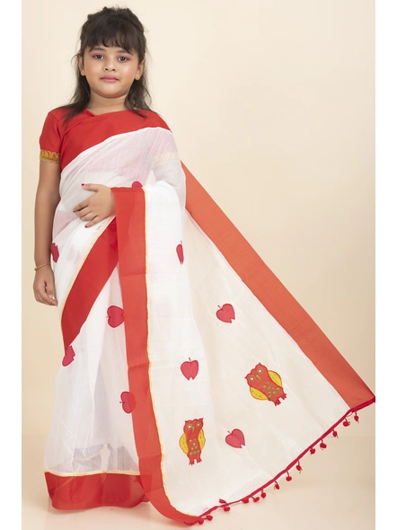White Handloom Kids Cotton Saree with Stitched Blouse and Peticoat-KIDSSAREE07