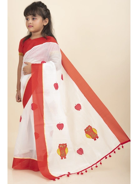 White Handloom Kids Cotton Saree with Stitched Blouse and Peticoat-White-Kids-Female-Cotton-2-3 Years-2