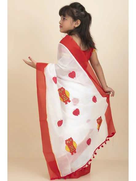 White Handloom Kids Cotton Saree with Stitched Blouse and Peticoat-White-Kids-Female-Cotton-2-3 Years-3