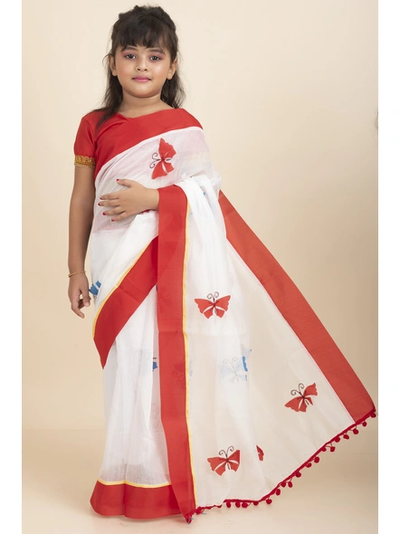 White Handloom Kids Cotton Saree with Stitched Blouse and Peticoat-KIDSSAREE08