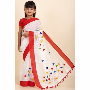 White Handloom Kids Cotton Saree with Stitched Blouse and Peticoat