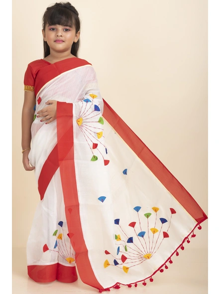 White Handloom Kids Cotton Saree with Stitched Blouse and Peticoat-KIDSSAREE09