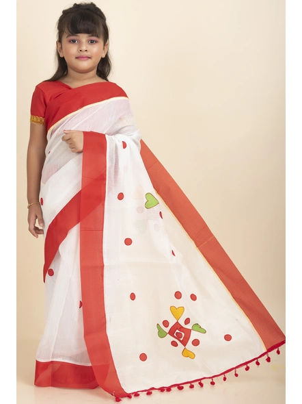 White Handloom Kids Cotton Saree with Stitched Blouse and Peticoat-KIDSSAREE10