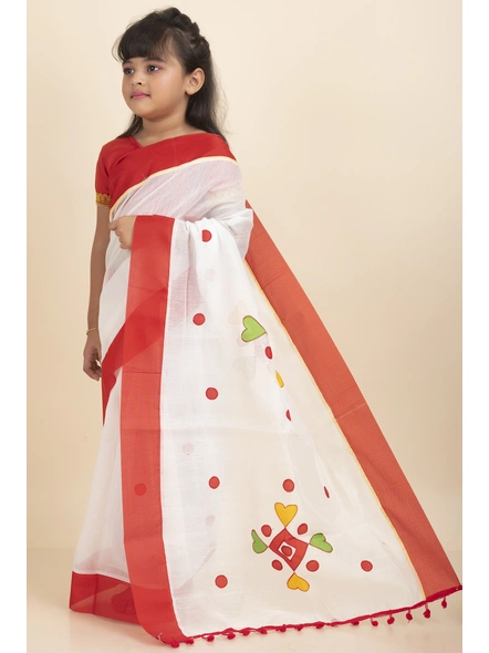 White Handloom Kids Cotton Saree with Stitched Blouse and Peticoat-White-Kids-Female-Cotton-2-3 Years-2