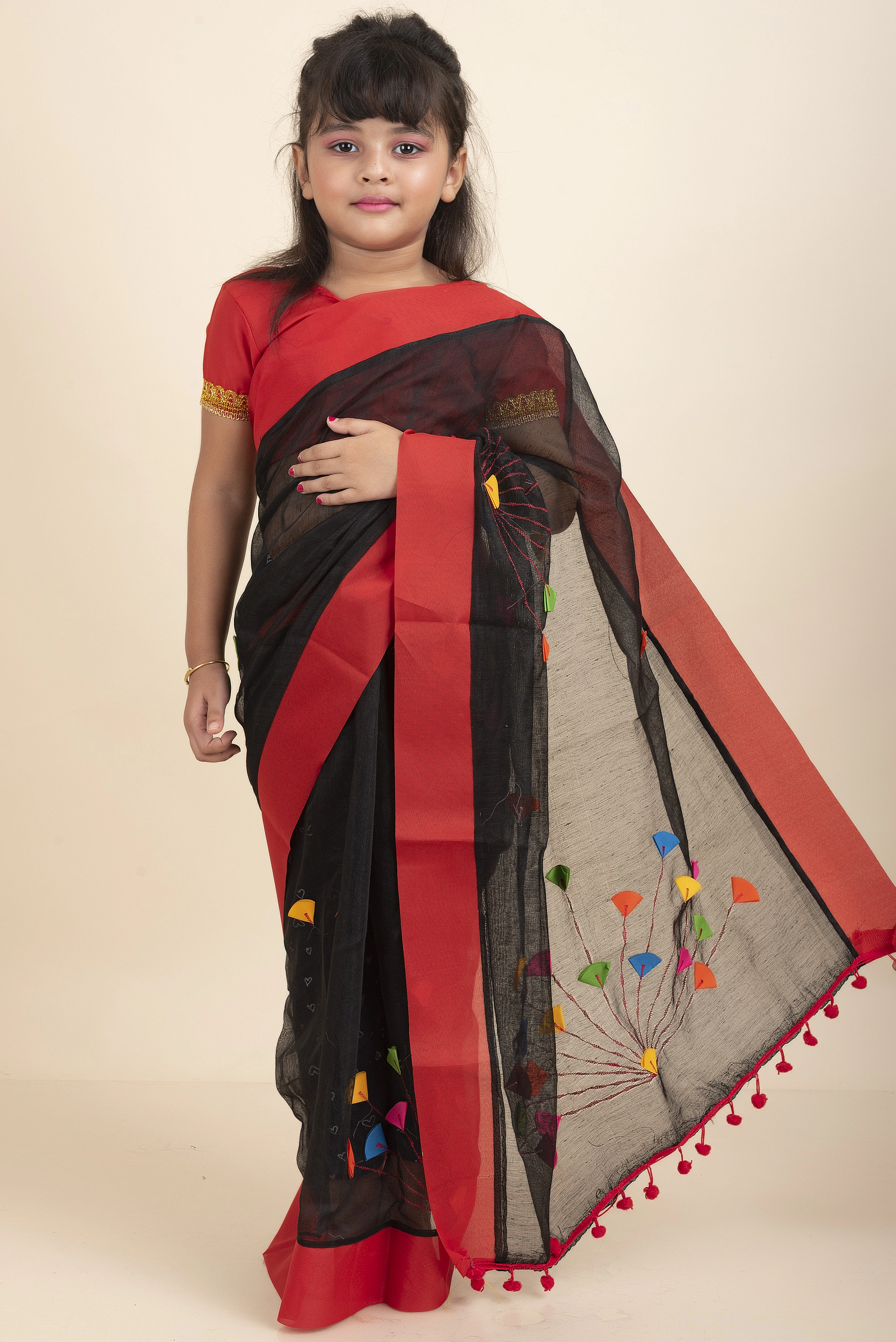 Black Handloom Kids Cotton Saree with Stitched Blouse and Peticoat-KIDSSAREE11