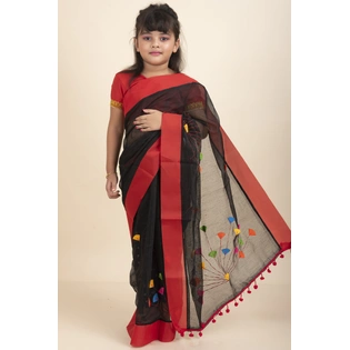 Black Handloom Kids Cotton Saree with Stitched Blouse and Peticoat