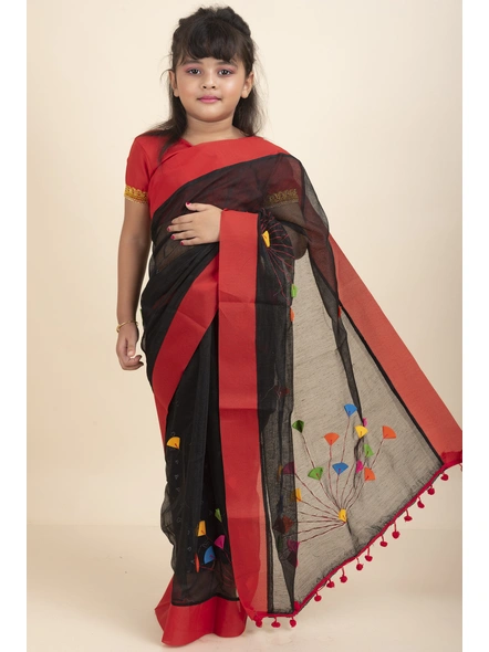 Black Handloom Kids Cotton Saree with Stitched Blouse and Peticoat-KIDSSAREE11