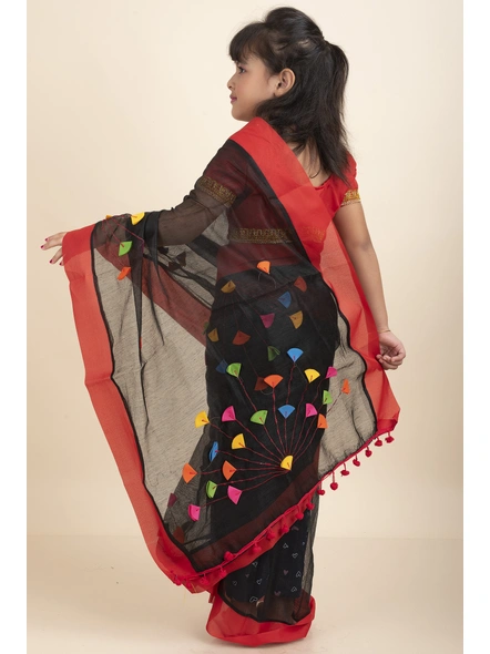 Black Handloom Kids Cotton Saree with Stitched Blouse and Peticoat-Black-Kids-Female-Cotton-2-3 Years-1