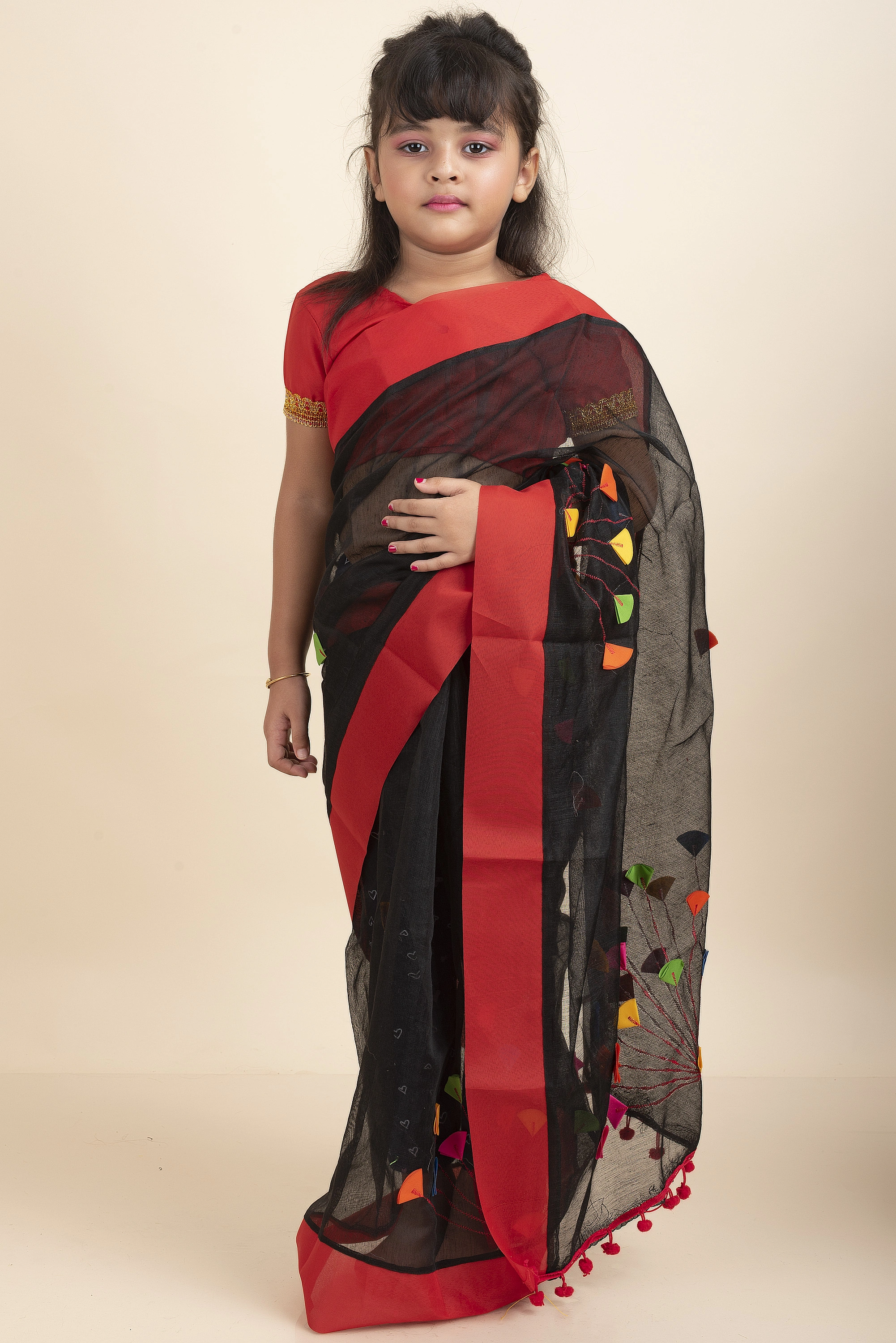 Black Handloom Kids Cotton Saree with Stitched Blouse and Peticoat-Black-Kids-Female-Cotton-2-3 Years-2