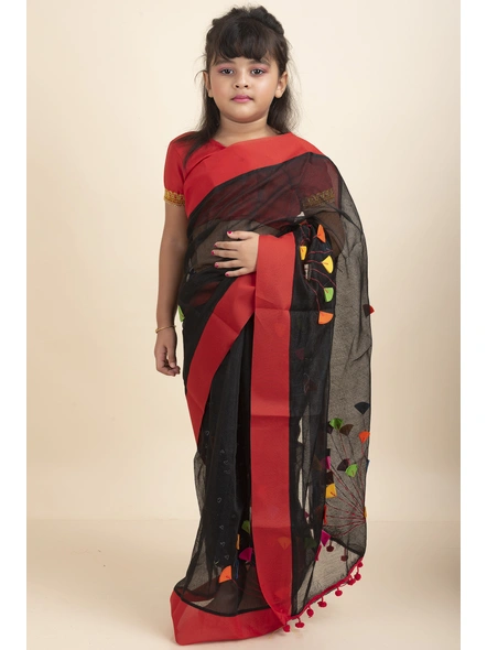 Black Handloom Kids Cotton Saree with Stitched Blouse and Peticoat-Black-Kids-Female-Cotton-2-3 Years-2