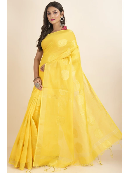 Yellow Aarna Handloom Cotton Silk Chakra Printed Saree with Blouse Piece-Yellow-Cotton Silk-One Size-Handloom Saree-Female-Adult-1
