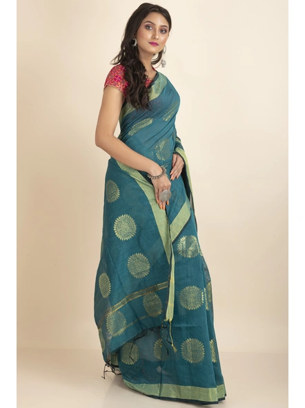 Green Aarna Handloom Cotton Silk Chakra Printed Saree with Blouse Piece-Green-Cotton Silk-One Size-Handloom Saree-Female-Adult-3