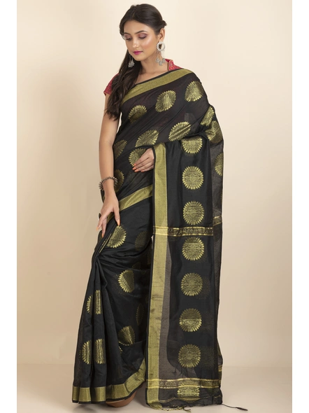 Black Aarna Handloom Cotton Silk Chakra Printed Saree with Blouse Piece-Black-Cotton Silk-One Size-Handloom Saree-Female-Adult-1
