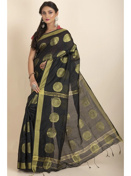 Black Aarna Handloom Cotton Silk Chakra Printed Saree with Blouse Piece-Black-Cotton Silk-One Size-Handloom Saree-Female-Adult-2