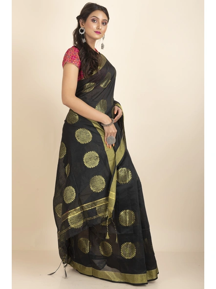 Black Aarna Handloom Cotton Silk Chakra Printed Saree with Blouse Piece-Black-Cotton Silk-One Size-Handloom Saree-Female-Adult-3