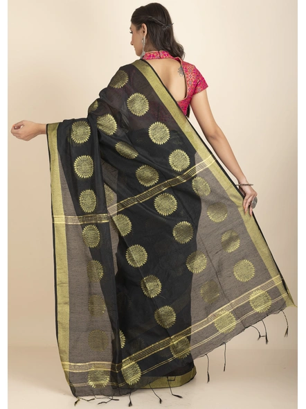 Black Aarna Handloom Cotton Silk Chakra Printed Saree with Blouse Piece-Black-Cotton Silk-One Size-Handloom Saree-Female-Adult-4