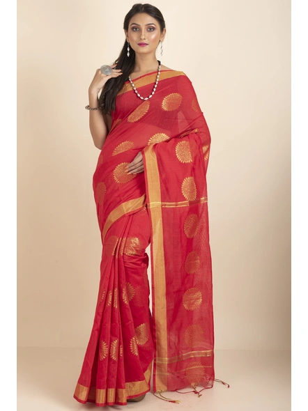 Red Aarna Handloom Cotton Silk Chakra Printed Saree with Blouse Piece-Red-Cotton Silk-One Size-Handloom Saree-Female-Adult-1