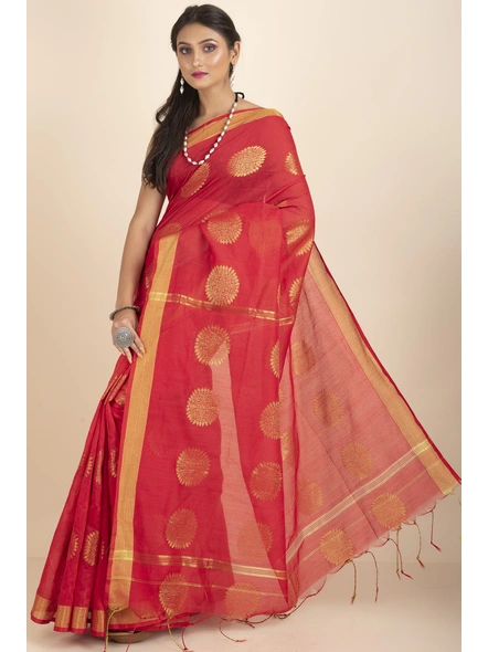 Red Aarna Handloom Cotton Silk Chakra Printed Saree with Blouse Piece-Red-Cotton Silk-One Size-Handloom Saree-Female-Adult-2