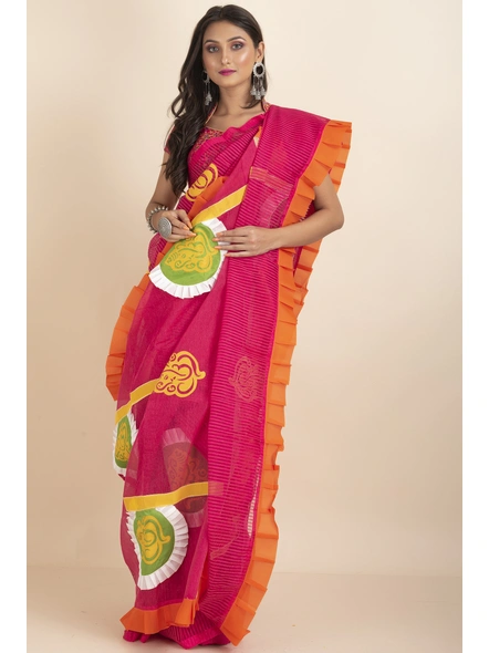 Pink Ranimaa Retro Bengal Style Noiel Applique Work Saree with Blouse Piece-pankha_1