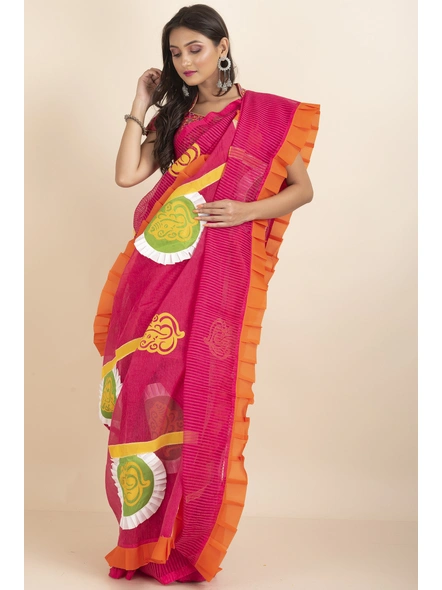 Pink Ranimaa Retro Bengal Style Noiel Applique Work Saree with Blouse Piece-Pink-Cotton-One Size-Applique Work Saree-Female-Adult-1
