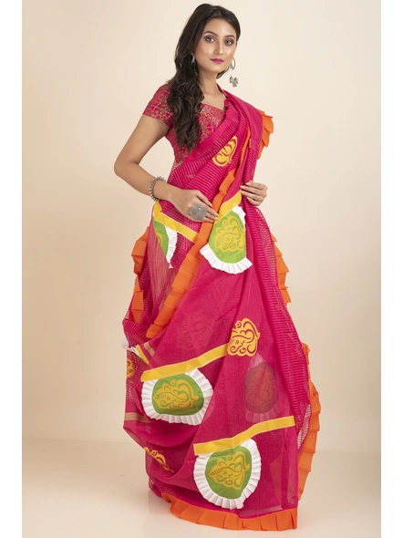 Pink Ranimaa Retro Bengal Style Noiel Applique Work Saree with Blouse Piece-Pink-Cotton-One Size-Applique Work Saree-Female-Adult-2