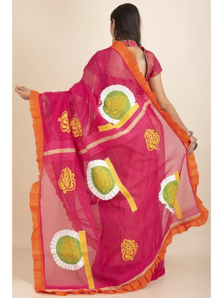 Pink Ranimaa Retro Bengal Style Noiel Applique Work Saree with Blouse Piece-Pink-Cotton-One Size-Applique Work Saree-Female-Adult-3